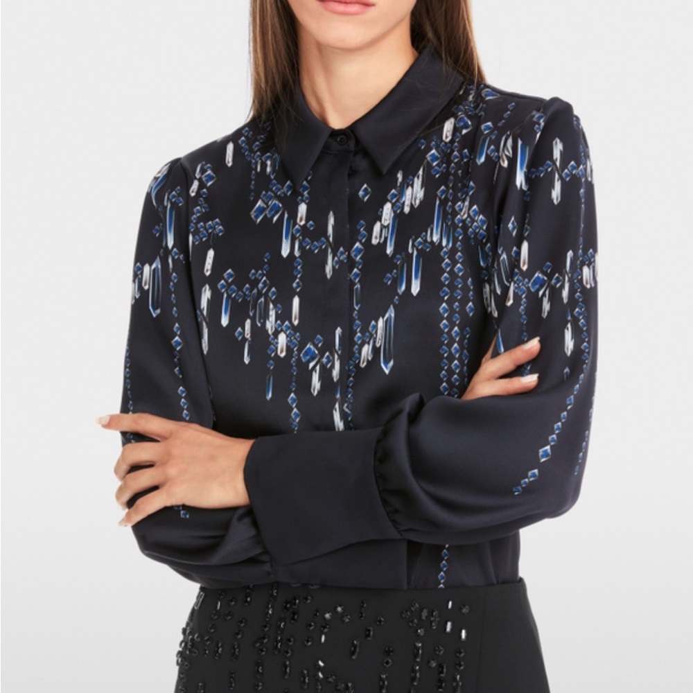 RARE Marc Cain Jeweled Black Button-Up Shirt with Blue and White Pattern Rethink